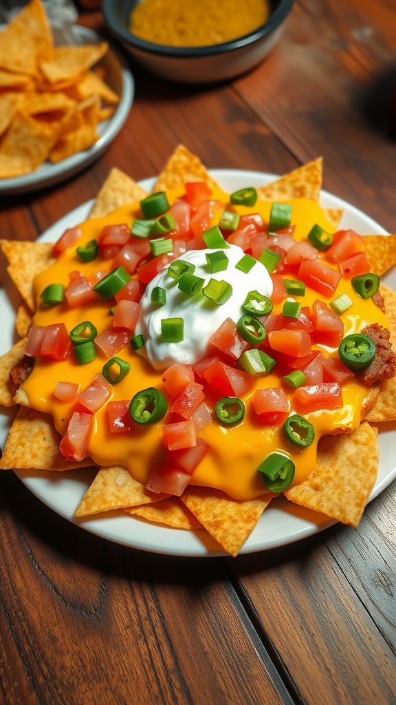 Loaded nachos with cheese, jalapeños, and sour cream on a wooden table.